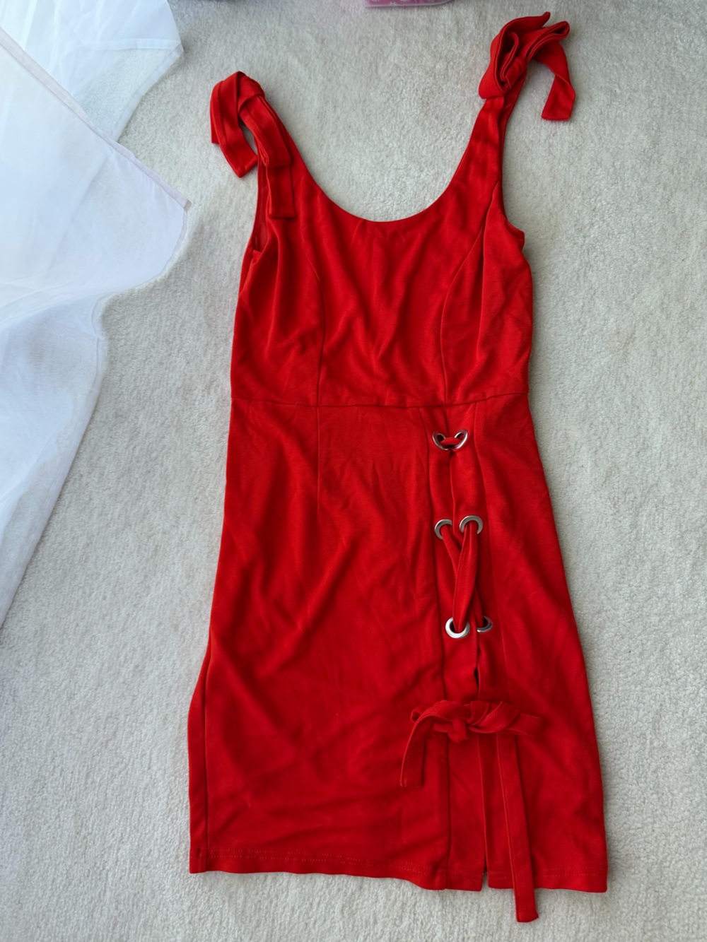 Venus Bloody Orange Red Tie-Shoulder Lace-Up Mini Dress